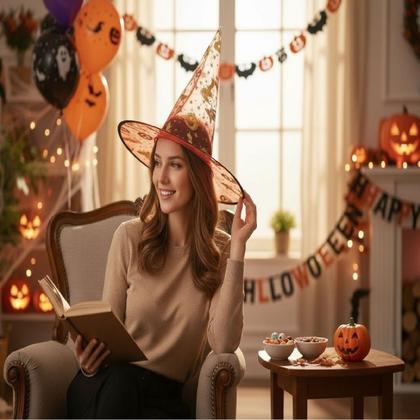 Imagem de Kit Fantasia festa Halloween Bruxa Chapéu + Vassoura 60cm