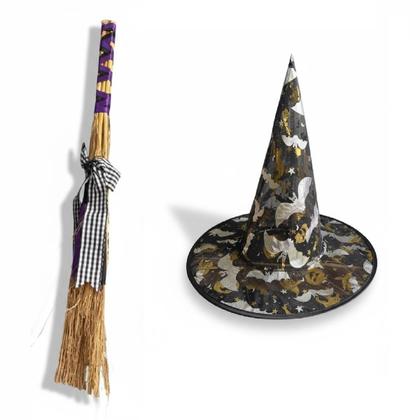 Imagem de Kit Fantasia festa Halloween Bruxa Chapéu + Vassoura 60cm