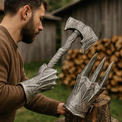 Imagem de Kit Fantasia Guerreiro Medieval Machadinha Prata + Luva