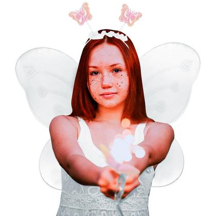 Imagem de Kit Fantasia Infantil Fada Asa Tiara Varinha Festa Criança Borboleta Asinha Sainha Arquinho Fadinha Bailarina Meninas