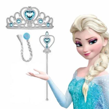 Imagem de Kit Fantasia Infantil Festa Tema Frozen Saia Tule com Varinha trança e coroa