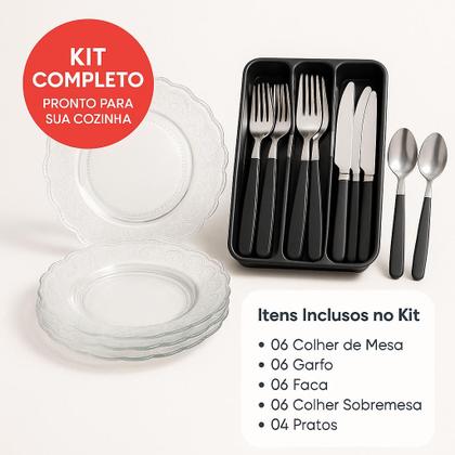 Imagem de Kit Faqueiro 25 Peças com Porta Talher Conjunto 4 Pratos Fundo Vidro Transparente