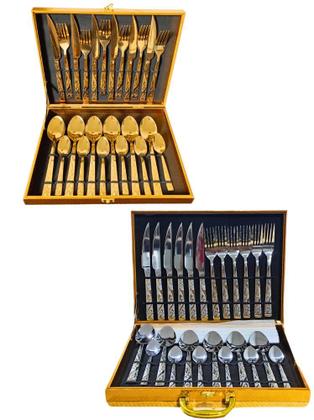 Imagem de Kit Faqueiro Talheres Com Maleta 24 Peças Em Inox C/ Dourado