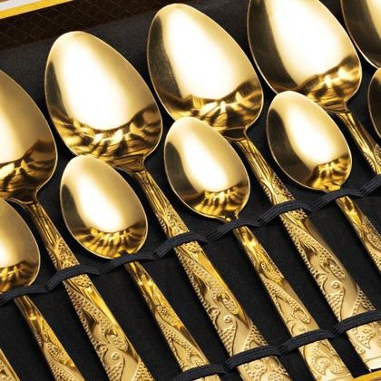 Imagem de Kit Faqueiro Talheres Com Maleta 24 Peças Em Inox C/ Dourado