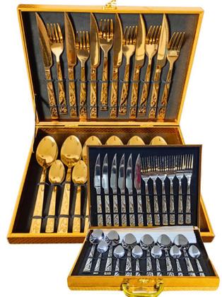 Imagem de Kit Faqueiro Talheres Com Maleta 24 Peças Em Inox C/ Dourado