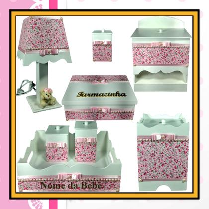 Imagem de Kit farmacinha de bebê Mdf menina - Jardim Branco Florido Pérolas