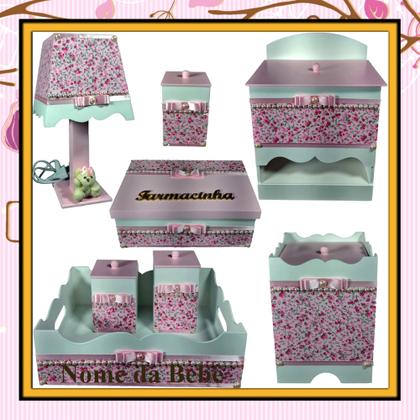 Imagem de Kit farmacinha de bebê Mdf menina - Jardim Branco Florido Pérolas tampas Rosa