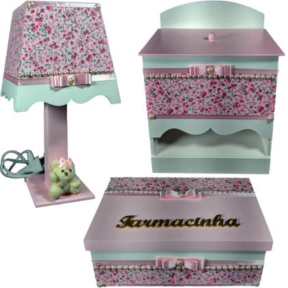 Imagem de Kit farmacinha de bebê Mdf menina - Jardim Branco Florido Pérolas tampas Rosa