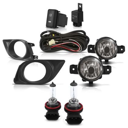 Imagem de Kit Farol Milha Completo Versa 2012 2013 2014 Lente Lisa Vidro Moldura Preta Furo Milha Lâmpadas H11