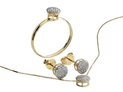 Imagem de Kit Feminino Anel Brincos Cordão e Pingente, Em Ouro 18K