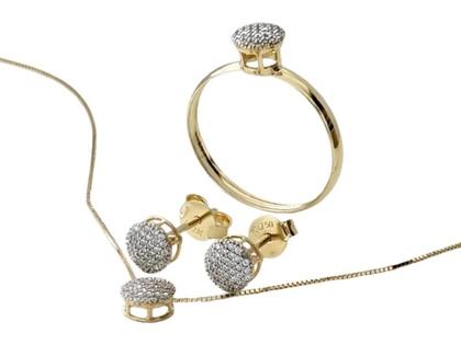 Imagem de Kit Feminino Anel Brincos Cordão e Pingente, Em Ouro 18K