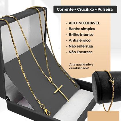 Imagem de Kit Feminino Corrente Banhado Ouro 18k Social 60cm + Pingente Crucifixo Maciço Cruz Fé Cristã + Pulseira Grumet Dia Dia Debutante Banhado Ouro 18k