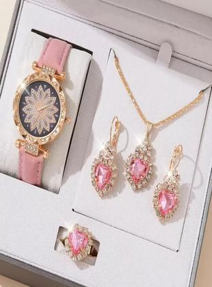 Imagem de Kit Feminino Pedra Cravejada + Relógio Rosa Banhado a Ouro