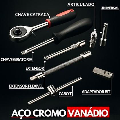 Imagem de Kit Ferramentas 46 Peças Chave Catraca Soquetes Bits Aço Cromo Vanádio Extensor Adaptador Maleta Portátil Automotiva