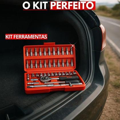 Imagem de Kit Ferramentas 46 Peças Chave Catraca Soquetes Bits Aço Cromo Vanádio Extensor Adaptador Maleta Portátil Automotiva