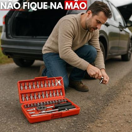 Imagem de Kit Ferramentas 46 Peças Chave Catraca Soquetes Bits Aço Cromo Vanádio Extensor Adaptador Maleta Portátil Automotiva