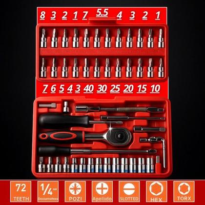 Imagem de Kit Ferramentas 46 Peças Chave Catraca Soquetes Bits Aço Cromo Vanádio Extensor Adaptador Maleta Portátil Automotiva