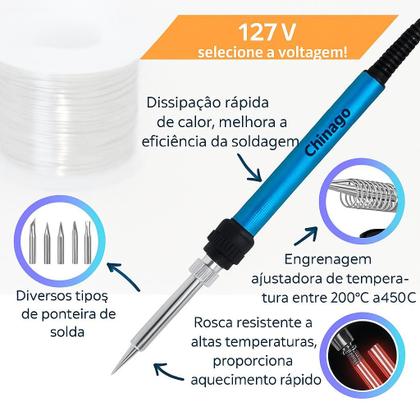 Imagem de Kit Ferro De Solda 60w Estanho Com Fluxo De Solda 6 Pontas Esponja E Suporte Com Regulagem De Temperatura Profissional 2
