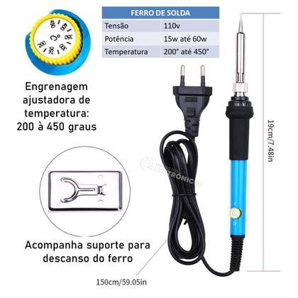 Imagem de Kit Ferro Solda 60w Ajuste de Temperatura 110v + Suporte + 6 Pontas PROFSDO160