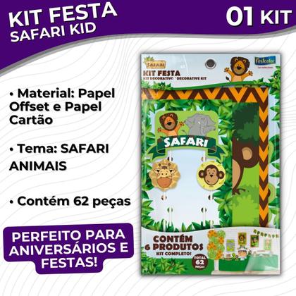 Imagem de Kit Festa de Aniversário Comemoração Infantil Kid Animais Safari - 62 peças - Festcolor