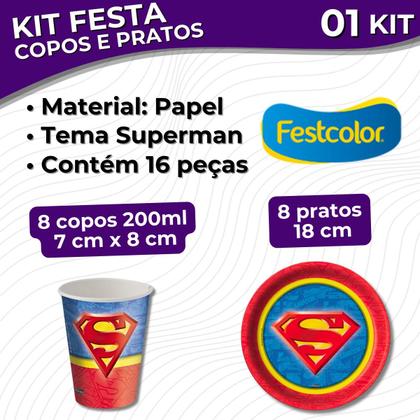 Imagem de Kit Festa Pratos e Copos para Aniversário Comemoração - Superman Geek - 8 un Cada - Festcolor