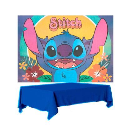 Imagem de Kit festa Stitch Decoração Toalha Azul + Painel 1,40m TNT