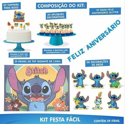 Imagem de Kit Festa Stitch Enfeites De Mesa Toppers Faixa Aniversário