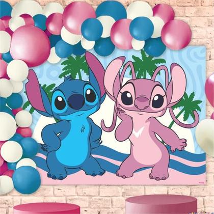 Imagem de Kit festa Stitch Rosa Decoração Aniversário Toalha + Painel