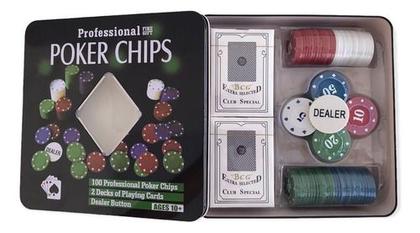 Imagem de Kit Fichas Poker 100 Pçs + Dois Baralhos Cartas Botão Dealer