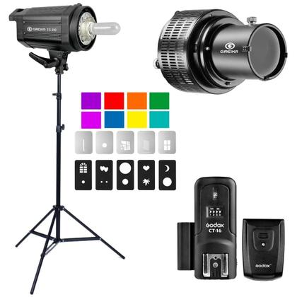 Imagem de Kit Flash Estúdio 250w Greika Eg-250 Com Rádio Flash + Projetor Efeito Janela E Gelatinas