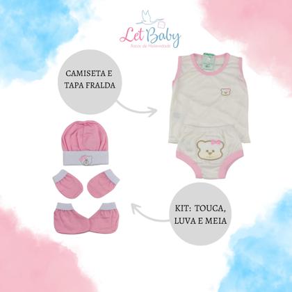 Imagem de Kit fofura 7 Peças bebê Camiseta com Tapa Fralda + Sandália + Meia 3D + Luva e touca  - Várias Cores
