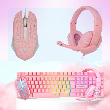 Imagem de Kit Fone Mouse Teclado Semi Mecânico Gamer Rosa Home Office Evolut