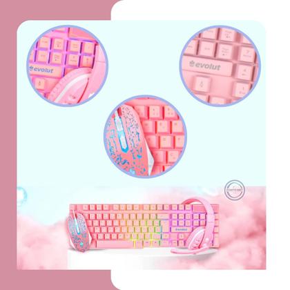 Imagem de Kit Fone Mouse Teclado Semi Mecânico Gamer Rosa Home Office Evolut