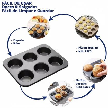 Imagem de Kit Forma de Teflon Assadeira Antiaderente 6 Cavidades Forminha Cupcakes Silicone Bolinhos Pão De Queijo Muffins