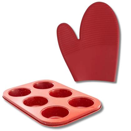 Imagem de Kit Forma para Cupcakes Color 6 Cavidades + Luva de Silicone Vermelha