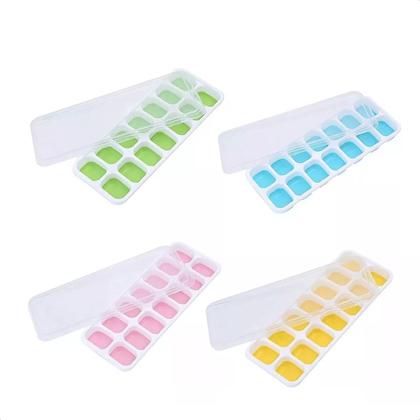 Imagem de Kit Formas de Gelo Silicone com Tampa Rígida Flexível Fundo 14 Cubos Retangular Multiuso Lavável