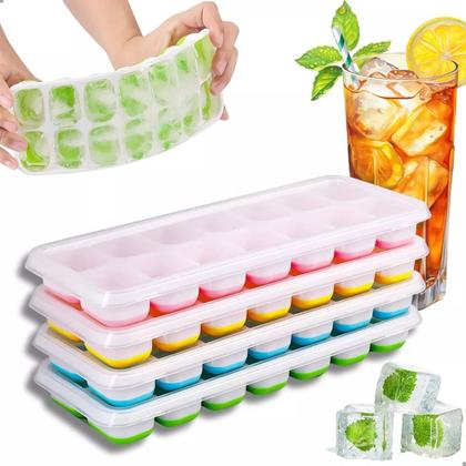 Imagem de Kit Formas de Gelo Silicone com Tampa Rígida Flexível Fundo 14 Cubos Retangular Multiuso Lavável