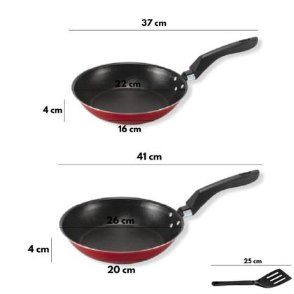 Imagem de Kit Frigideira Francesa 22cm e 26cm com Espátula Vermelha Alumi-Aço Linha Premium J4TECH Alumínio Antiaderente Teflon Ultra Resistente 
