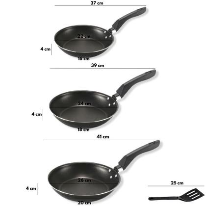 Imagem de Kit Frigideira Francesa 4 peças Alumi-Aço linha PREMIUM J4TECH Antiaderente Ultra Resistente Teflon Preto  Com Espátula Grande