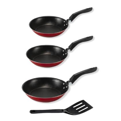 Imagem de Kit Frigideira Francesa 4 peças Alumi-Aço linha PREMIUM J4TECH Antiaderente Ultra Resistente Teflon Vermelho Espátula de Nylon Grande 