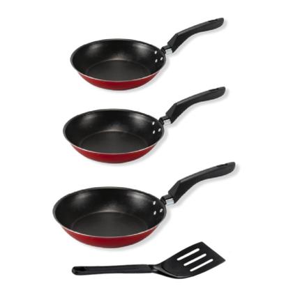 Imagem de Kit Frigideira Francesa Magnífica com 3 peças e espátula de Nylon  Alumi-Aço linha PREMIUM J4TECH Antiaderente Resistente Teflon Vermelho 