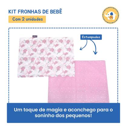 Imagem de Kit Fronha Enxoval Bebe Flores Rosa C/2 28cmx40cm Algodão