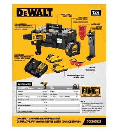 Imagem de Kit Fura Paraf 2 Bat+Carre+Nível Laser 12v Maleta DCK205D2T