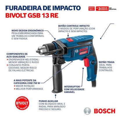 Imagem de Kit Furadeira Impacto Parafusadeira Bosch Gsb13re 750w Bivolt Com 33 Peças
