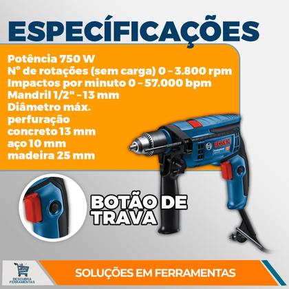Imagem de Kit Furadeira Martelete de Impacto Bosch GSB 13 RE C/Maleta e Mais 5 Brocas 750W 127V/220V 3800RPM Com Interruptor de Velocidade Profissional