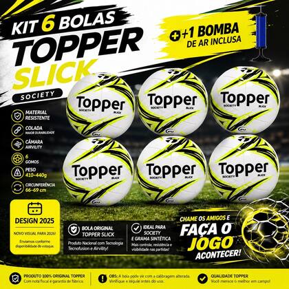 Imagem de Kit Futebol 6 Bolas Society Topper Slick + 1 Bomba de Ar