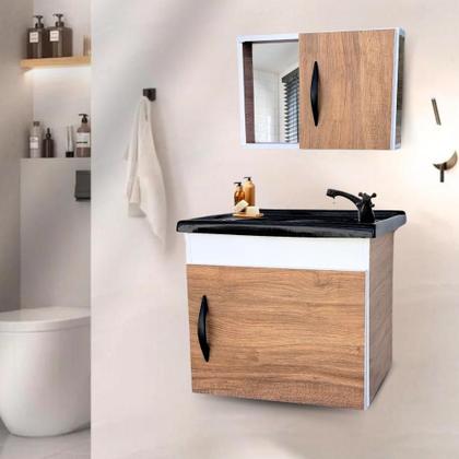 Imagem de Kit Gabinete Armario Banheiro Suspenso 40cm Com Pia Lavatorio Espelho Completo Branco Madeira MDF