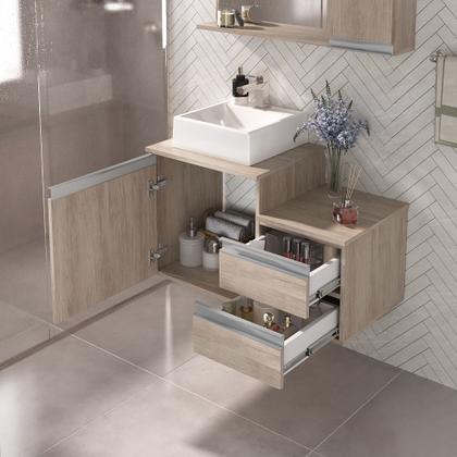 Imagem de Kit gabinete banheiro completo - armário + cuba + espelheira cross 80cm madeirado inteiro