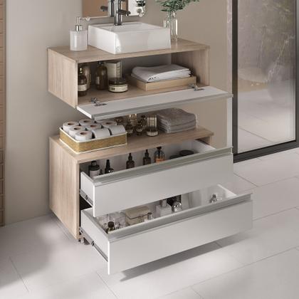 Imagem de Kit gabinete banheiro creta 80cm + cuba sobrepor + espelho madeirado/branco