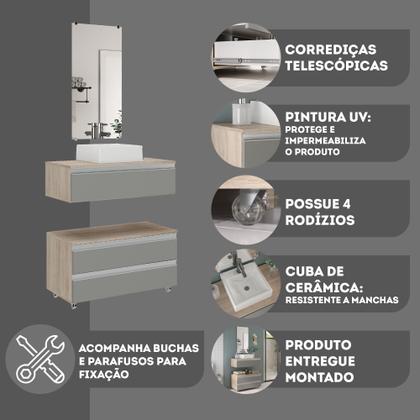 Imagem de Kit gabinete banheiro creta 80cm + cuba sobrepor + espelho madeirado/cinza